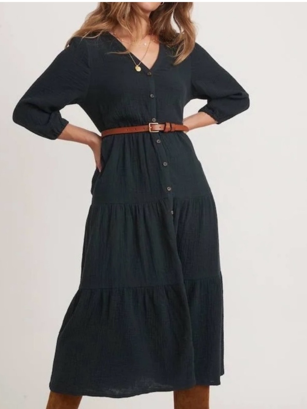 Marine Layer Willow Midi Dress Black Cotton Gauze Tiered Boho Cottagecore